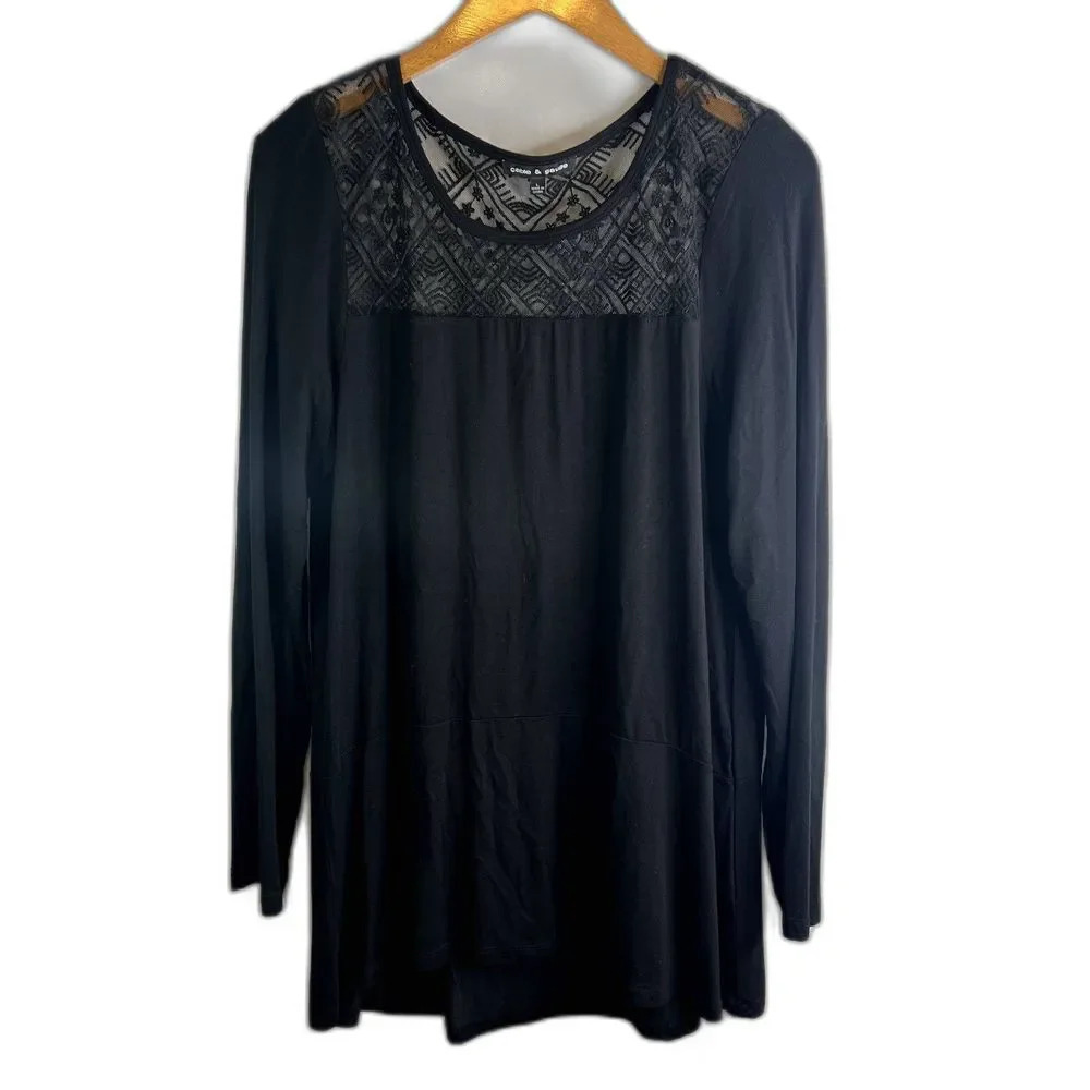 Cable & Gauge Black Long Sleeve Tunic Blouse w/ Lace Neckline Size Large